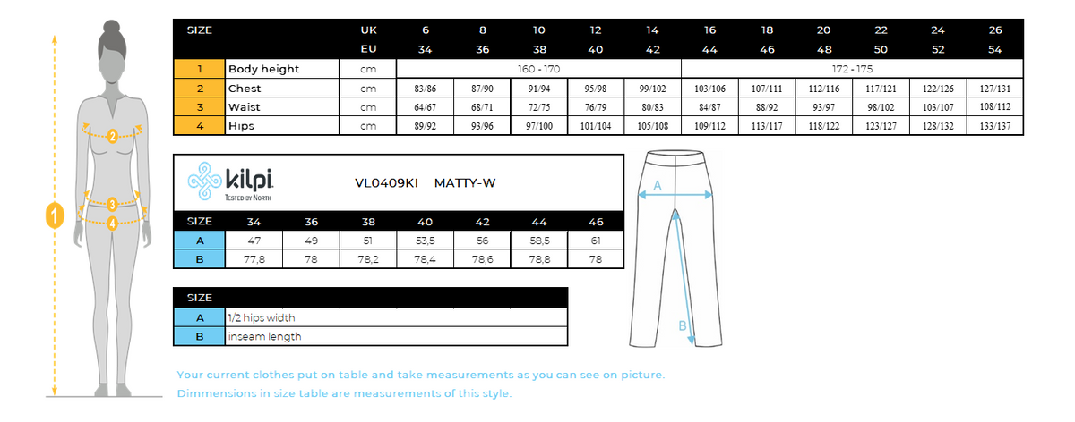 Women's cotton sweatpants Kilpi MATTY-W – Size chart