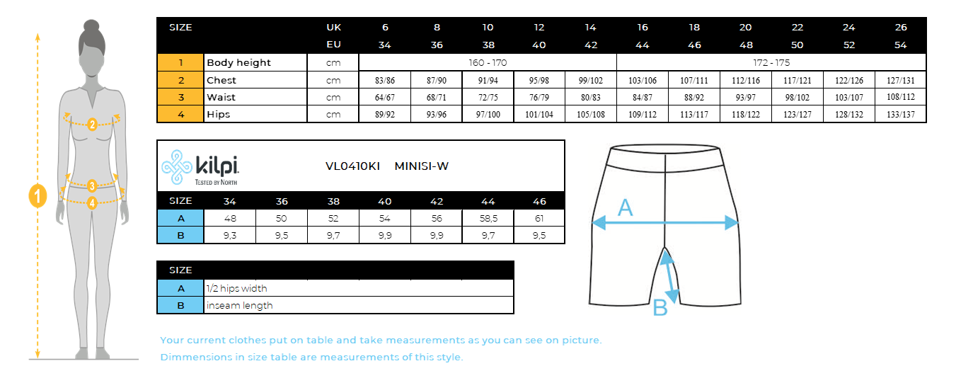 FEMMEle short d'extérieur Kilpi MINISI-W – Size chart
