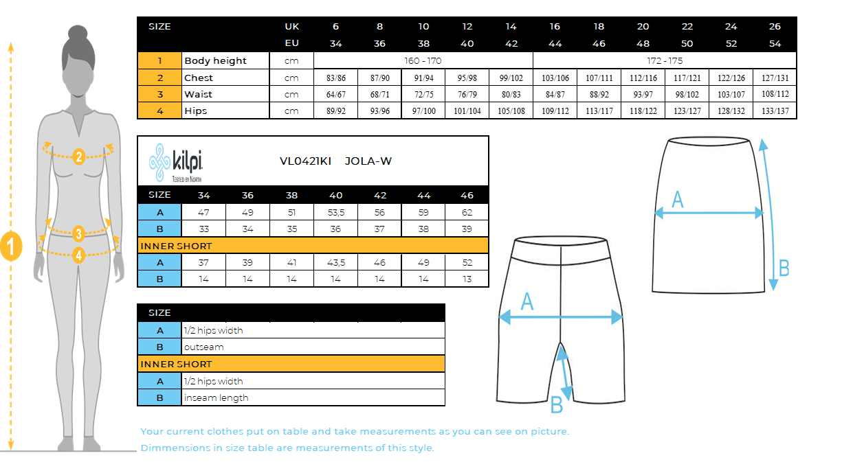 FEMMEla jupe cycliste de Kilpi JOLA-W – Size chart