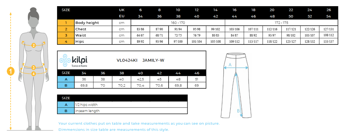 Women's fitness leggings Kilpi JAMILY-W – Size chart