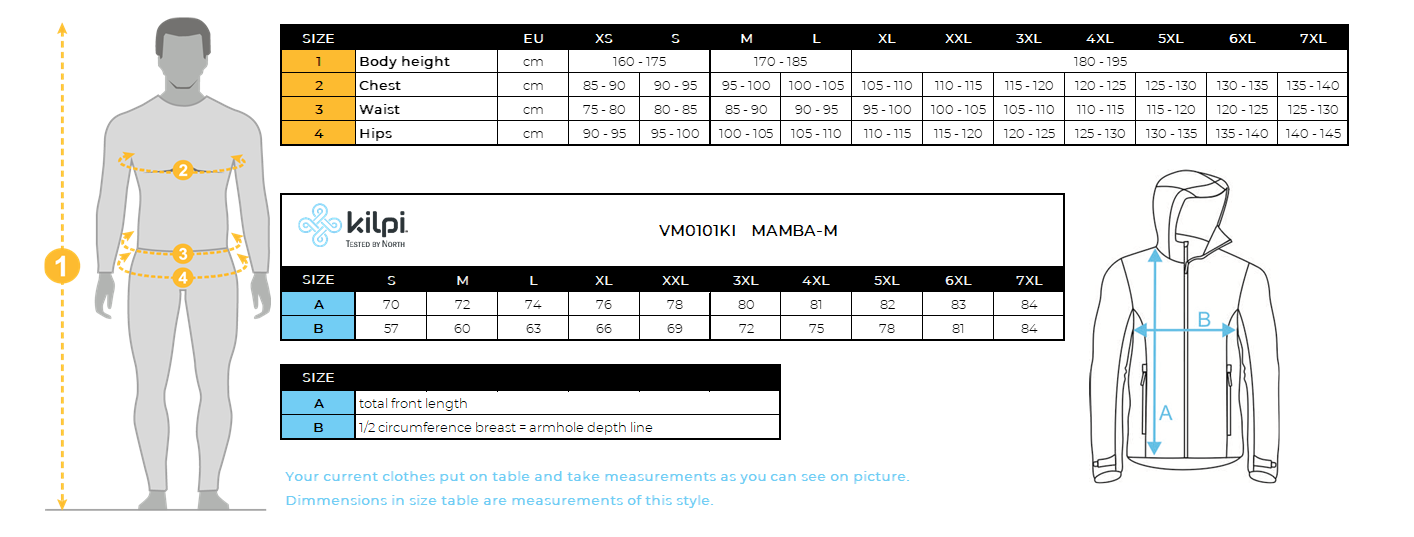 Men's membrane jacket Kilpi MAMBA-M – Size chart