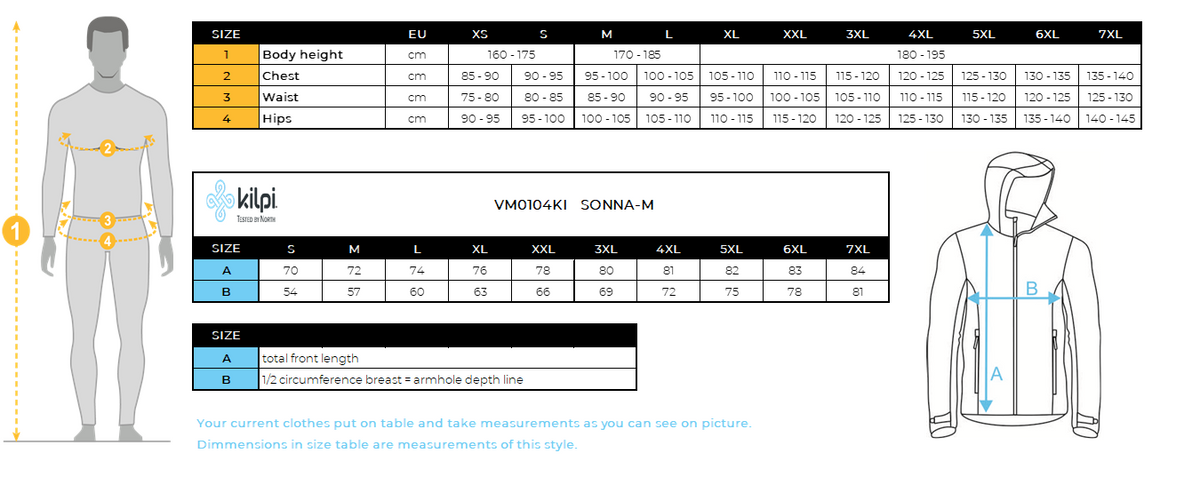 HOMMEla veste d'extérieur Kilpi SONNA-M – Size chart