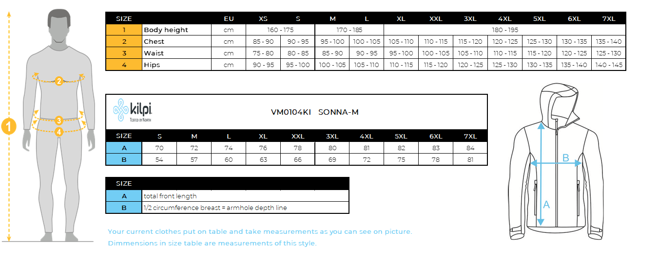 HOMMEla veste d'extérieur Kilpi SONNA-M – Size chart
