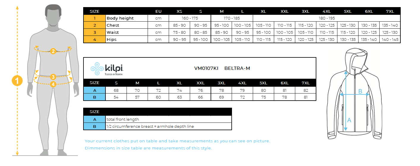Men's softshell jacket Kilpi BELTRA-M – Size chart