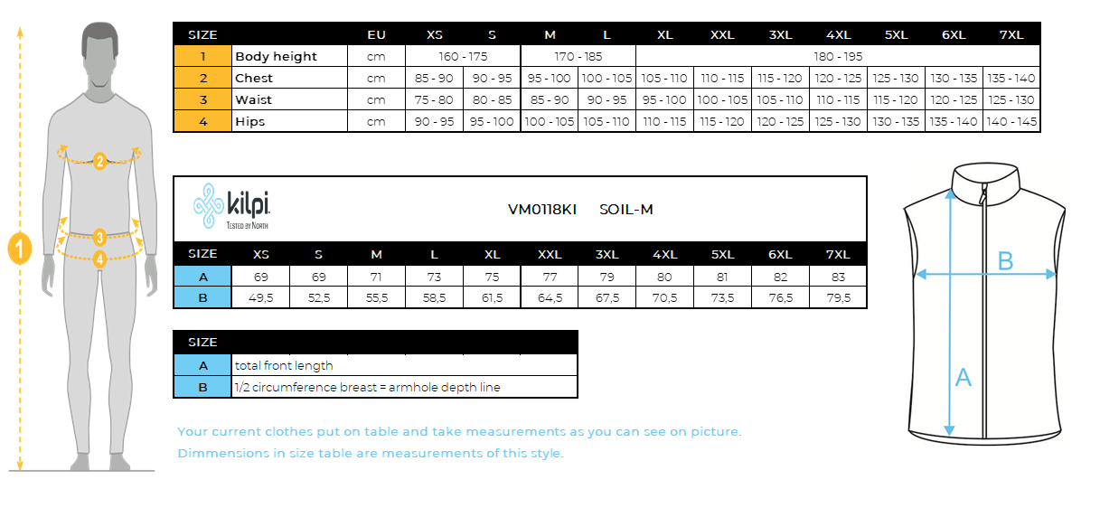 Men's softshell vest Kilpi SOIL-M – Size chart