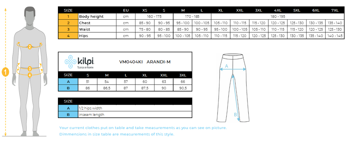 HOMMEle pantalon d'extérieur Kilpi ARANDI-M – Size chart