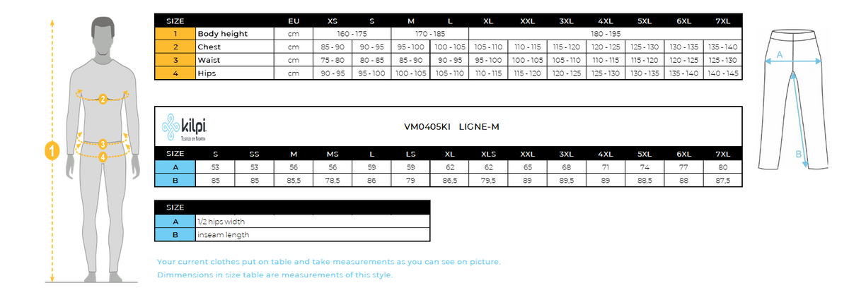 Men's outdoor pants Kilpi LIGNE-M – Size chart