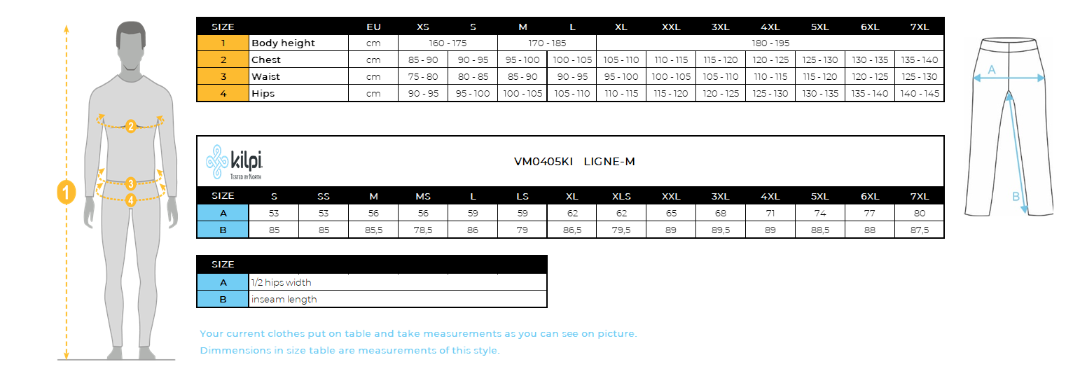 Men's outdoor pants Kilpi LIGNE-M – Size chart