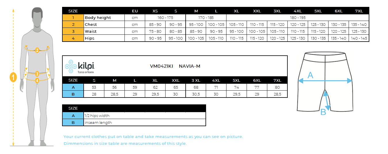 Men's outdoor shorts Kilpi NAVIA-M – Size chart