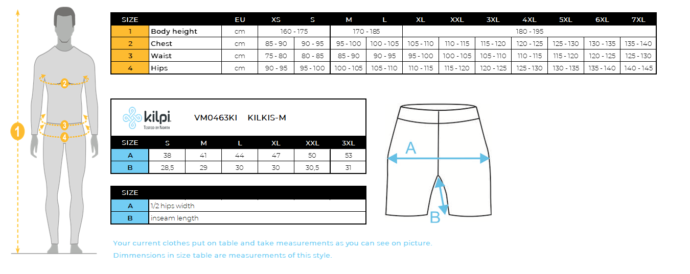 HOMMELe short de course compressé Kilpi KILKIS-M – Size chart