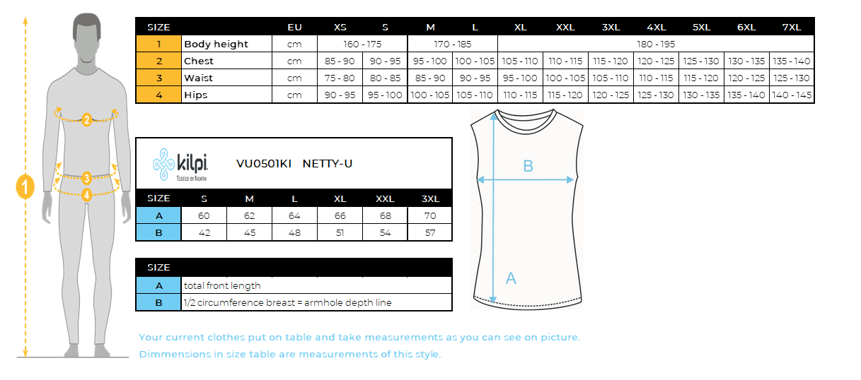 Unisex functional top Kilpi NETTY-U – Size chart
