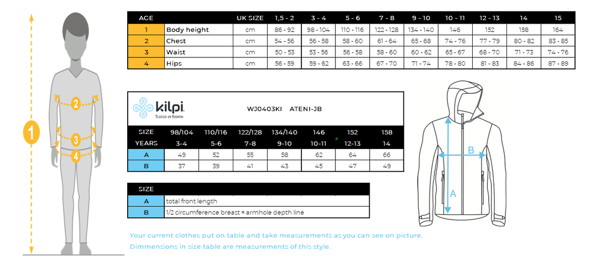Boy's ski jacket Kilpi ATENI-JB – Size chart