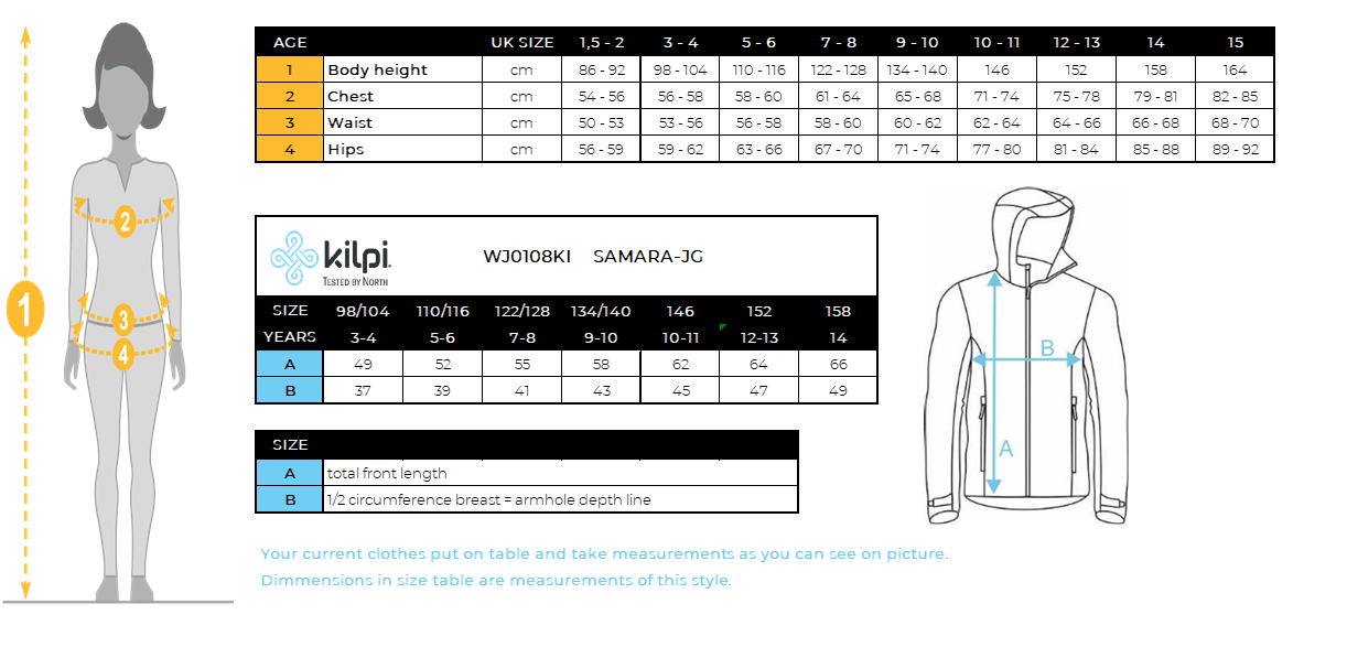 Veste de ski fille Kilpi SAMARA-JG – Size chart