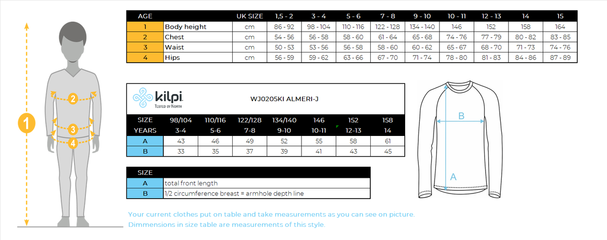 Kid's fleece sweatshirt Kilpi ALMERI-J – Size chart