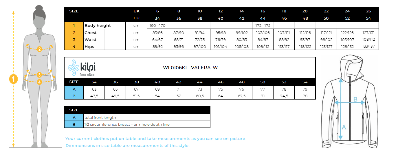 FEMMEla veste de ski de Kilpi VALERA-W – Size chart