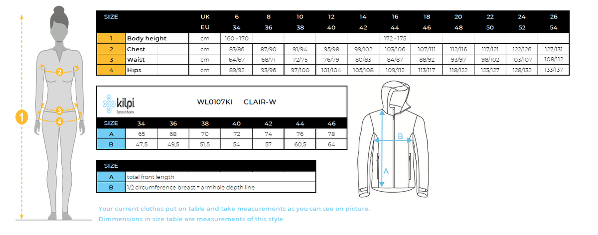 FEMMEVeste de ski avec chauffage intégré Kilpi CLAIR-W – Size chart