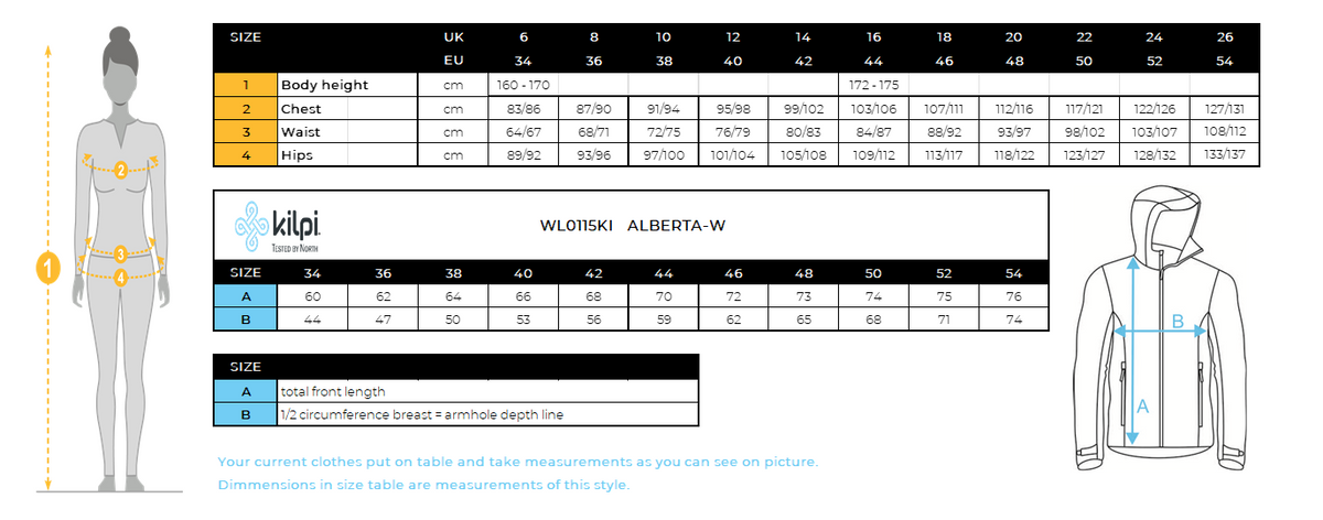 FEMMEla doudoune Kilpi ALBERTA-W – Size chart