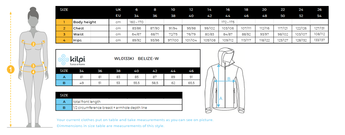 FEMMEle manteau d'hiver Kilpi BELIZE-W – Size chart