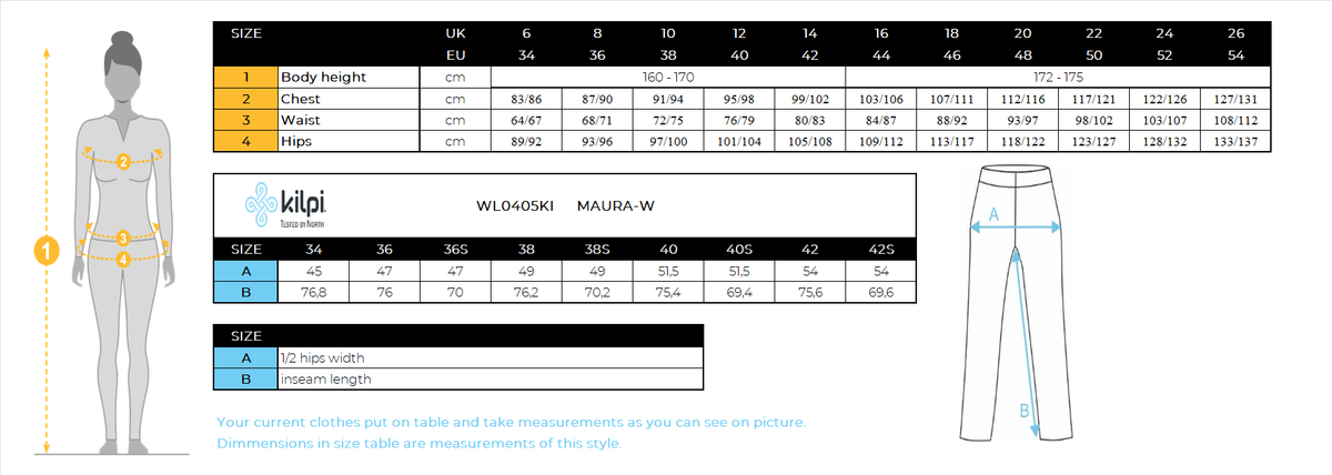 FEMMEpantalon softshell de ski Kilpi MAURA-W – Size chart