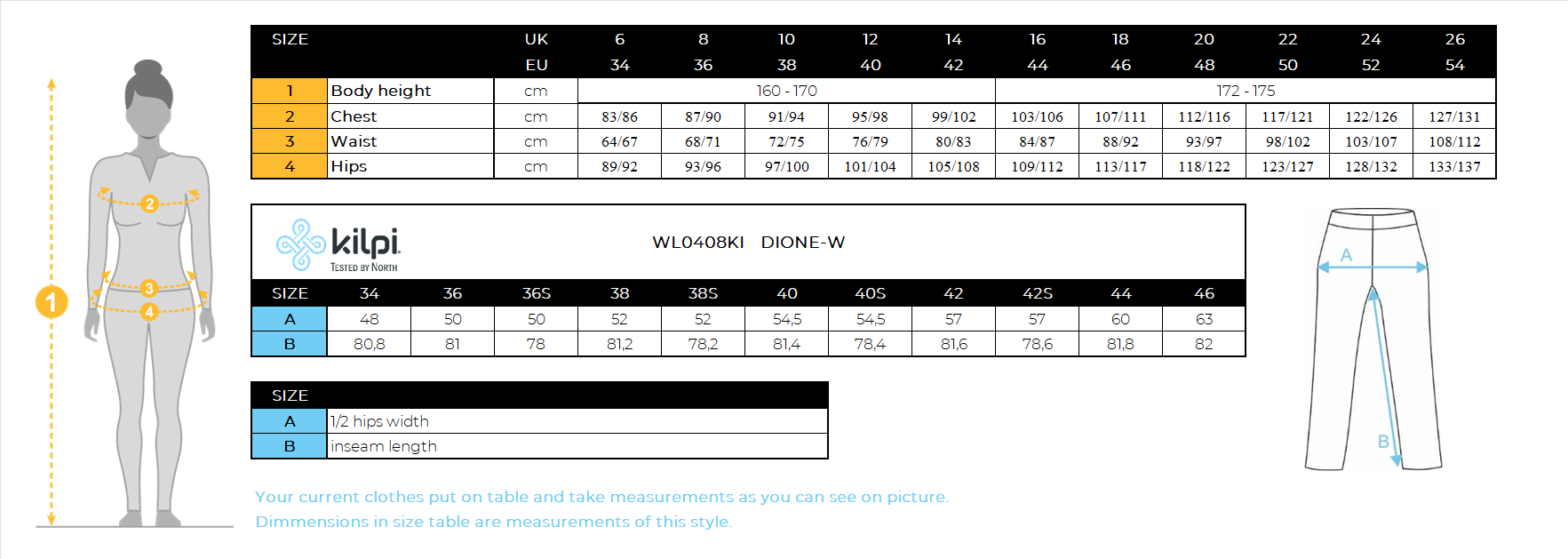 FEMMEpantalon softshell de ski Kilpi DIONE-W – Size chart
