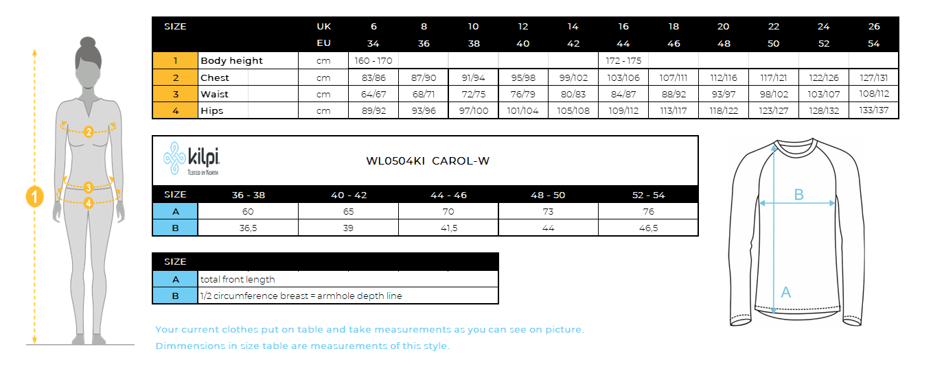 FEMMET-shirt thermique sans coutures à manches longues Kilpi CAROL-W – Size chart