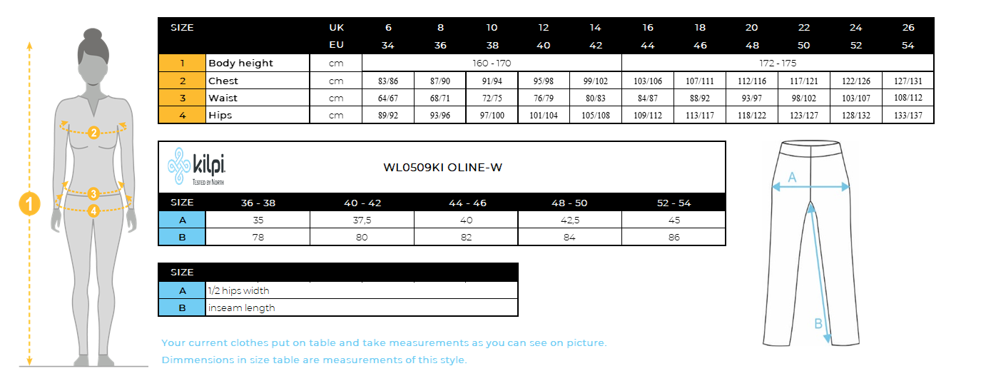 FEMMELes sous-vêtements thermiques sans couture Kilpi OLINE-W – Size chart