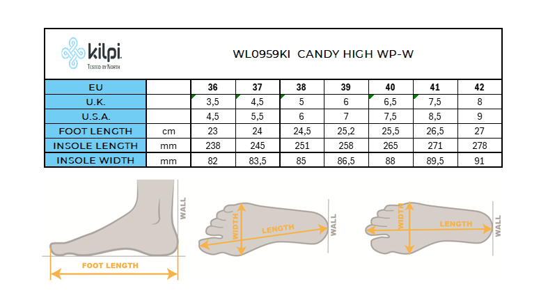 Women's high snowshoes Kilpi CANDY HIGH WP-W – Size chart