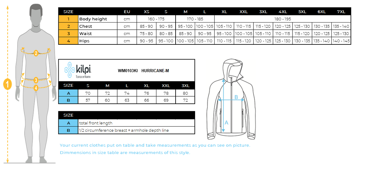 Men's waterproof hardshell jacket Kilpi HURRICANE-M – Size chart