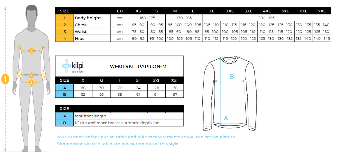 HOMMEla doudoune Kilpi PAPILON-M – Size chart