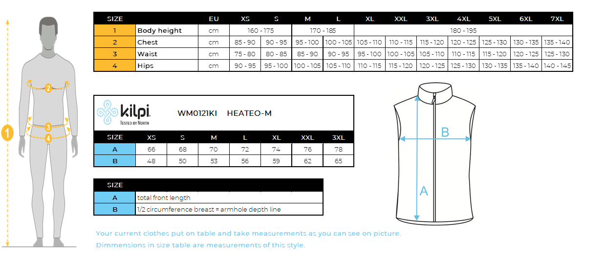 Men's insulated vest Kilpi HEATEO-M – Size chart