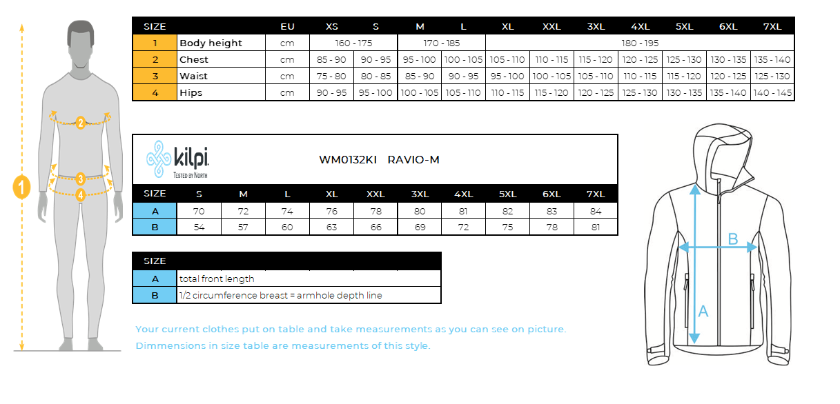 Men's softshell jacket Kilpi RAVIO-M – Size chart