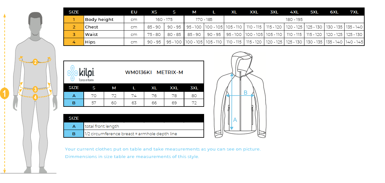 Men's waterproof outdoor jacket Kilpi METRIX-M – Size chart