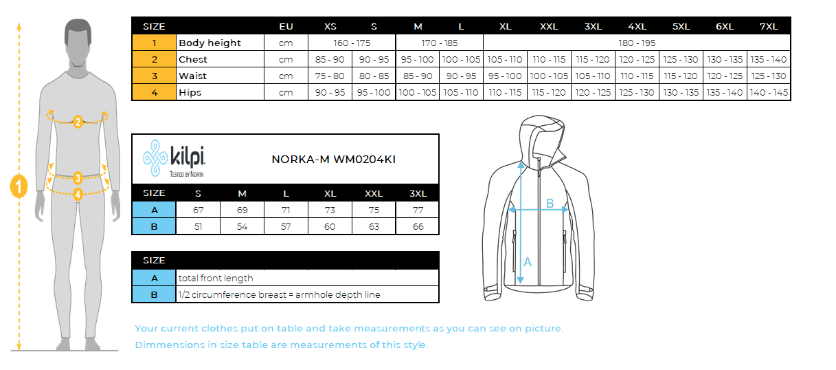 Men's hairy fleece hoodie Kilpi NORKA-M – Size chart