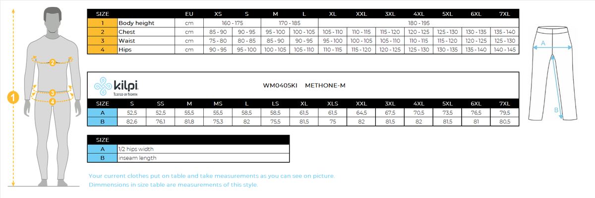 Men's ski pants Kilpi METHONE-M – Size chart