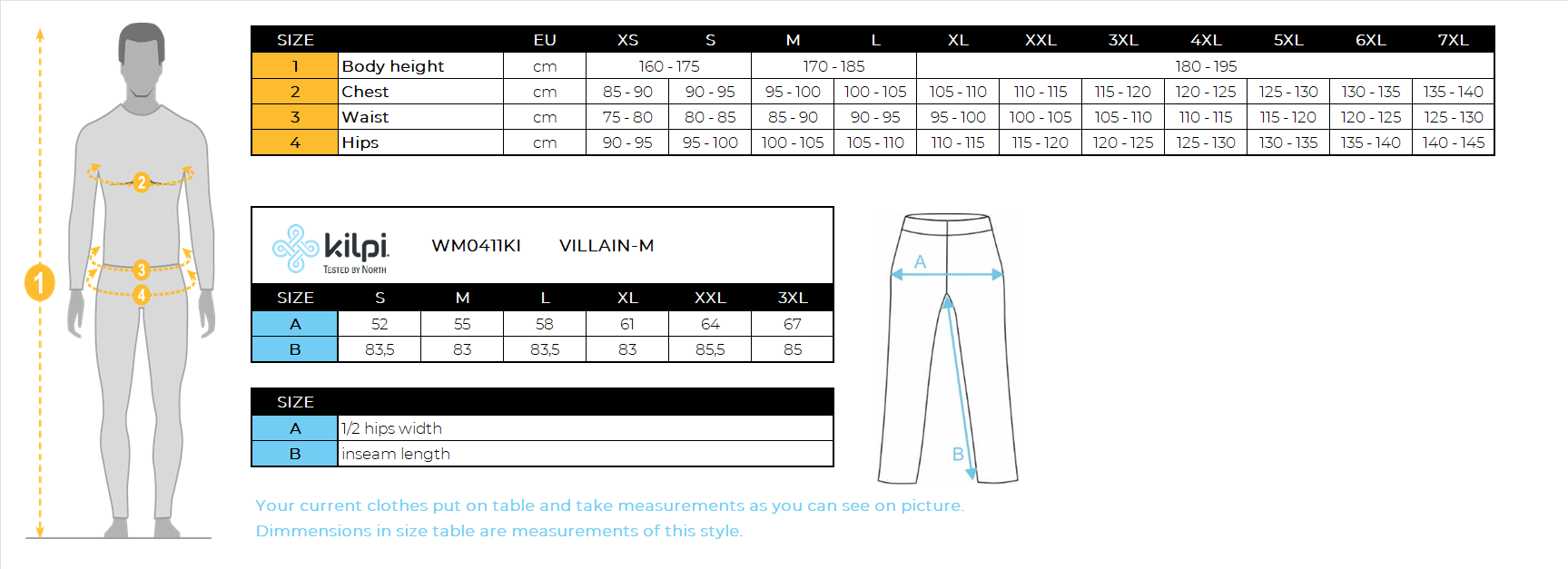 Men's outdoor pants Kilpi VILLAIN-M – Size chart