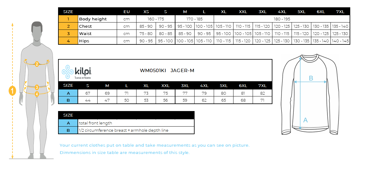 HOMMELa laine mérinos à manches longues base couche supérieure Kilpi JAGER-M – Size chart