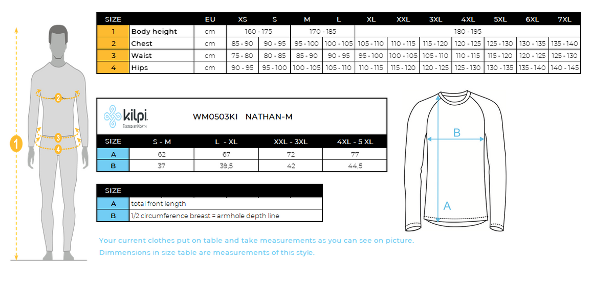 HOMMET-shirt thermique sans coutures à manches longues Kilpi NATHAN-M – Size chart