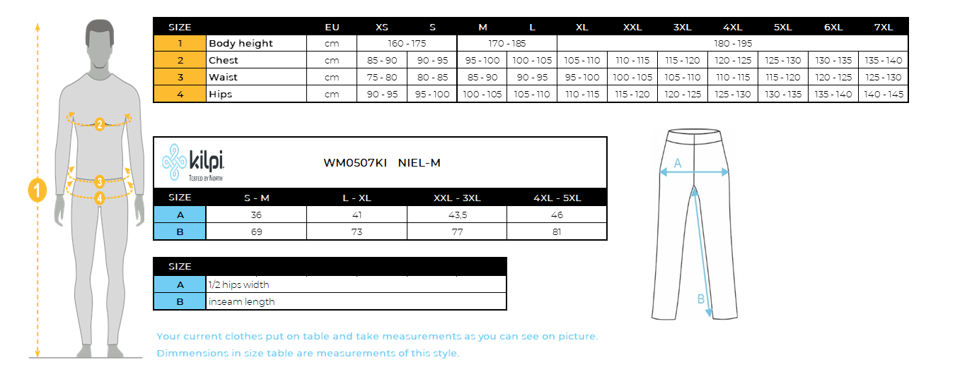 HOMMELes sous-vêtements thermiques sans couture Kilpi NIEL-M – Size chart