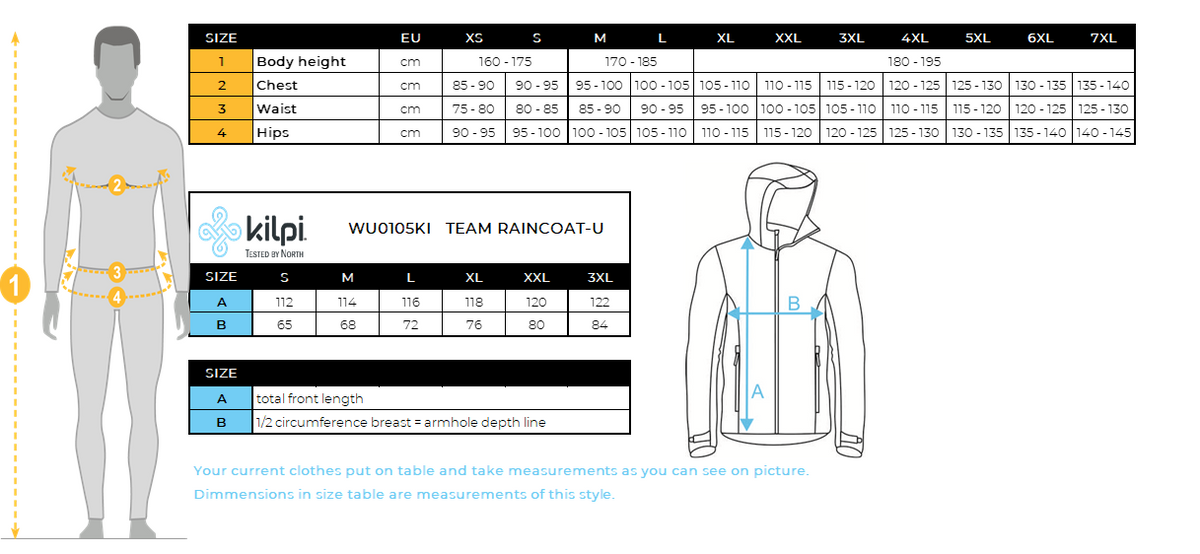 Unisex ski raincoat Kilpi TEAM RAINCOAT-U – Size chart