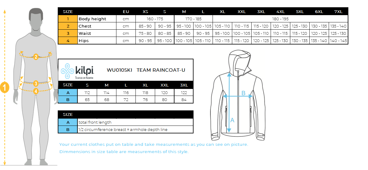 Unisex ski raincoat Kilpi TEAM RAINCOAT-U – Size chart