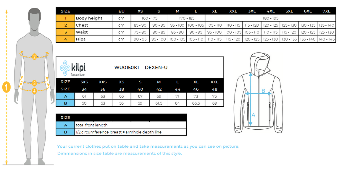 Veste de ski unisexe haut de gamme Kilpi DEXEN-U – Size chart