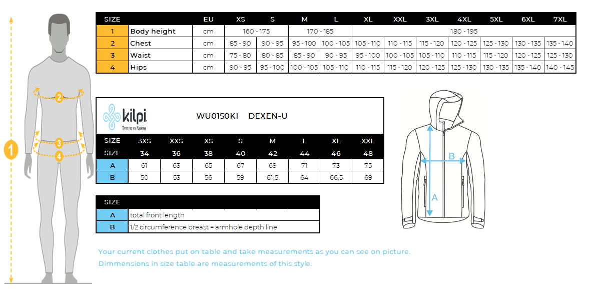 Veste de ski unisexe haut de gamme Kilpi DEXEN-U – Size chart