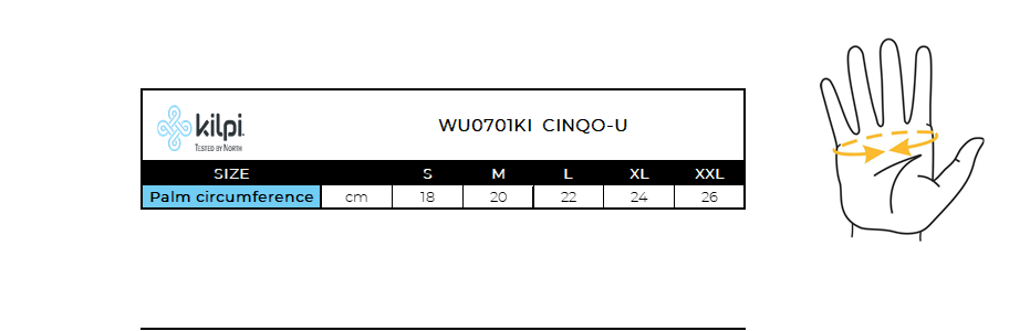 Gants isolés softshell Kilpi CINQO-U – Size chart