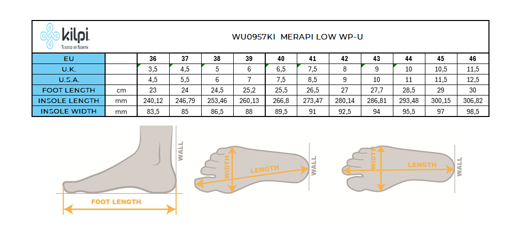 Chaussures de sport basses décontractées Kilpi MERAPI LOW WP-U – Size chart