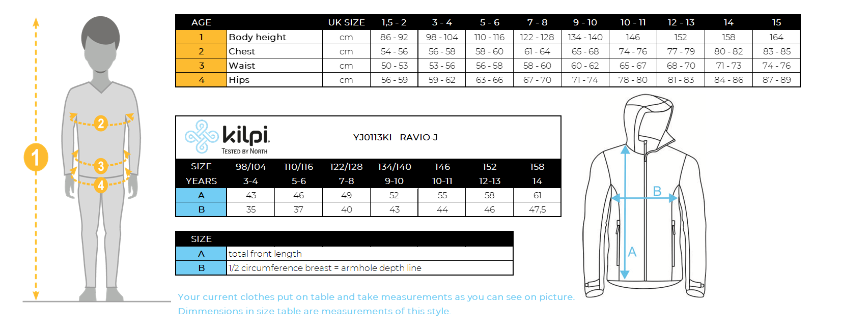 Kid's softshell jacket Kilpi RAVIO-J – Size chart
