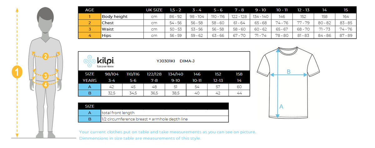 T-shirt technique enfant Kilpi DIMA-J – Size chart