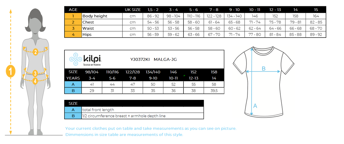 T-shirt fille en coton Kilpi MALGA-JG – Size chart
