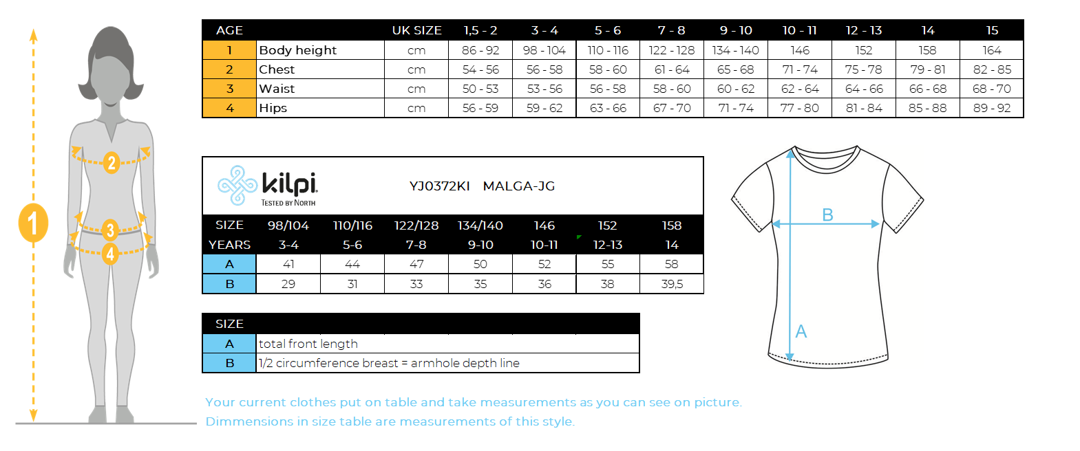 T-shirt fille en coton Kilpi MALGA-JG – Size chart