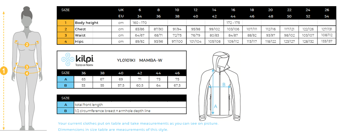 Women's membrane jacket Kilpi MAMBA-W – Size chart