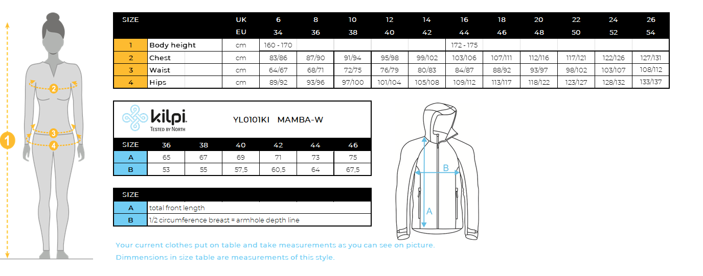 Women's membrane jacket Kilpi MAMBA-W – Size chart
